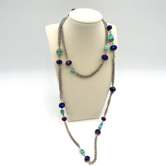Station Bead Necklace 42" Long Silver Tone Chain Turquoise Faceted Blue Beads - Picture 6 of 6